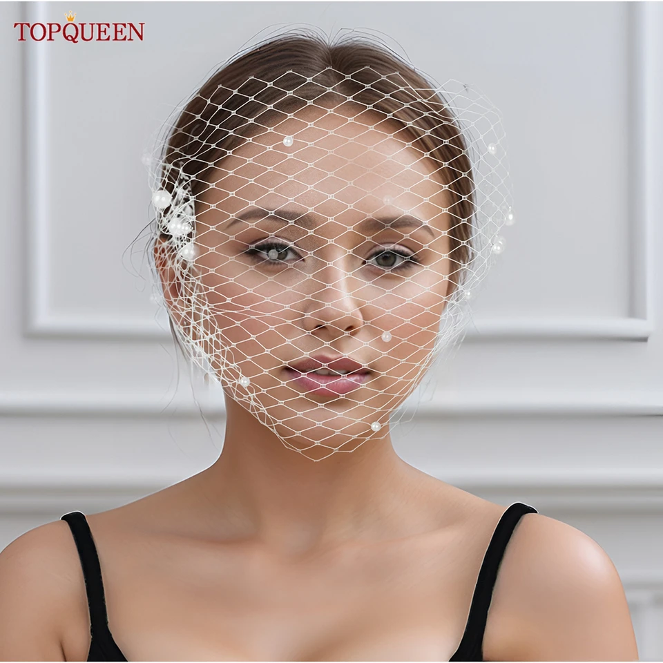 Topqueen VA05 BIRDCAGE Závoj závoj s perlami Blusher Závoj Ruský Tulle Cage Face Face závoj s jemnými svadobnými šatami na nechty