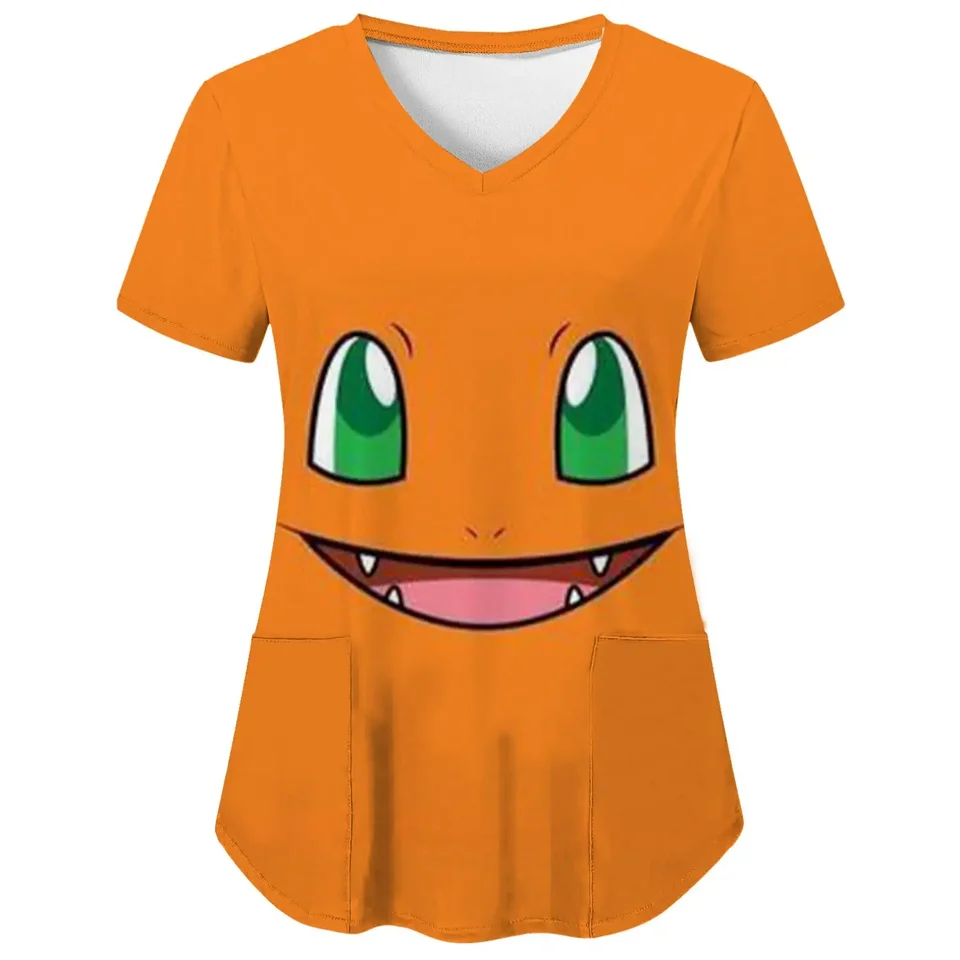 Tops shir T tričká tričká y2k módne tričko Tričko Uniforma vrecká nemocnica oblečenie leto Pokémon Cartoon Anime V Neck