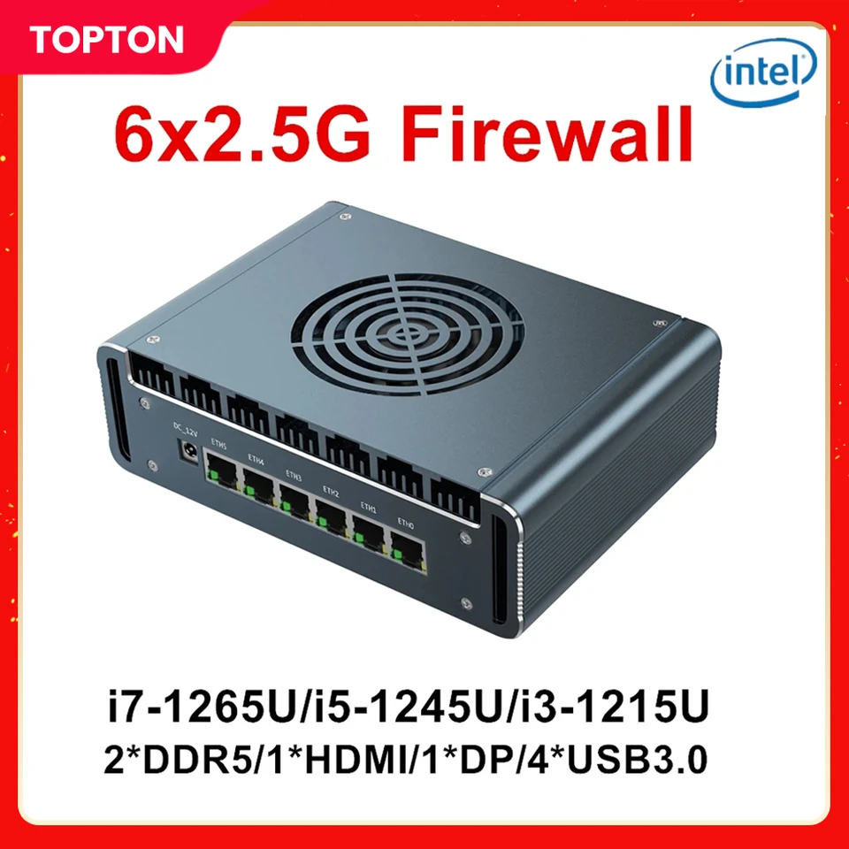 Topton 12. Gen i7 1265U N100 Firewall Mini PC 6x2.5g LAN Intel I226-V I5 1245U DDR5 NVME Proxmox PFSense Opnsense Mini Computer