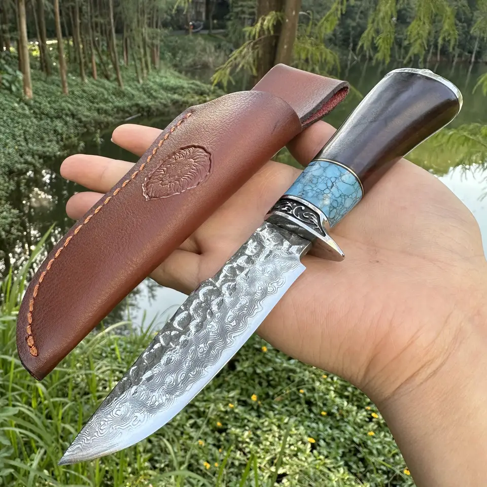 Topwell ručne vyrábaný kovaný damascus vg10 čepeľ nôž Rosewood a agát Krásne kožené puzdro Outdoor Camping Hunting Fish