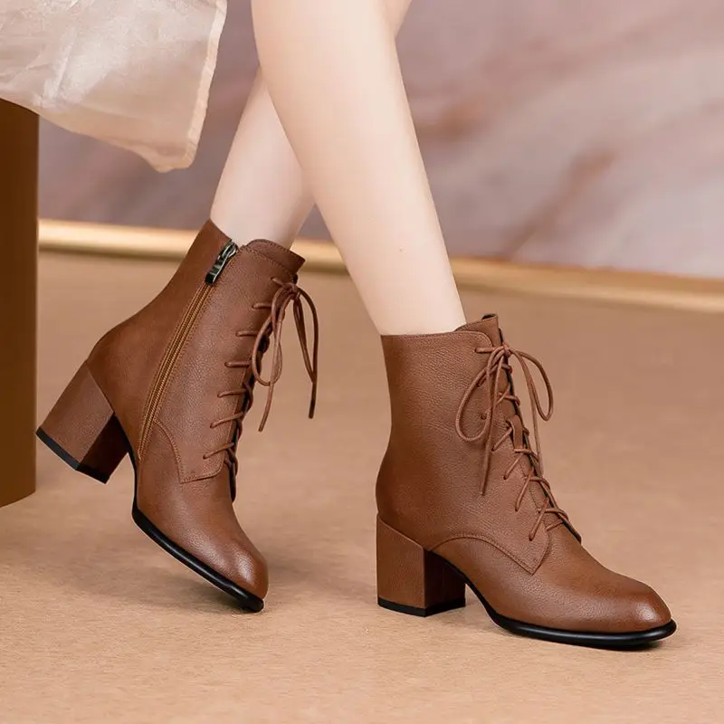 Topánky elegantné so strednými podpätkami ženy krátke topánky šnurované šnurovacie členkové topánky pre ženy Brown nasmerovali špičku na propagačnú obuv