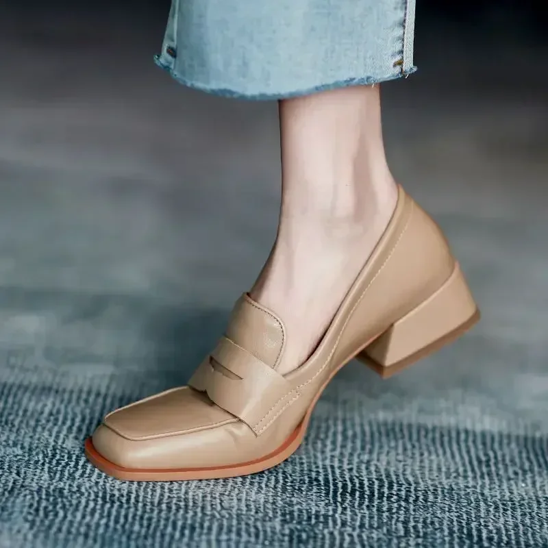 Topánky pre ženu nízke päty elegantné dámske letné obuv Black Loafers Normálne kožené ležérne štvorcové špičky so zľavou Chic2024