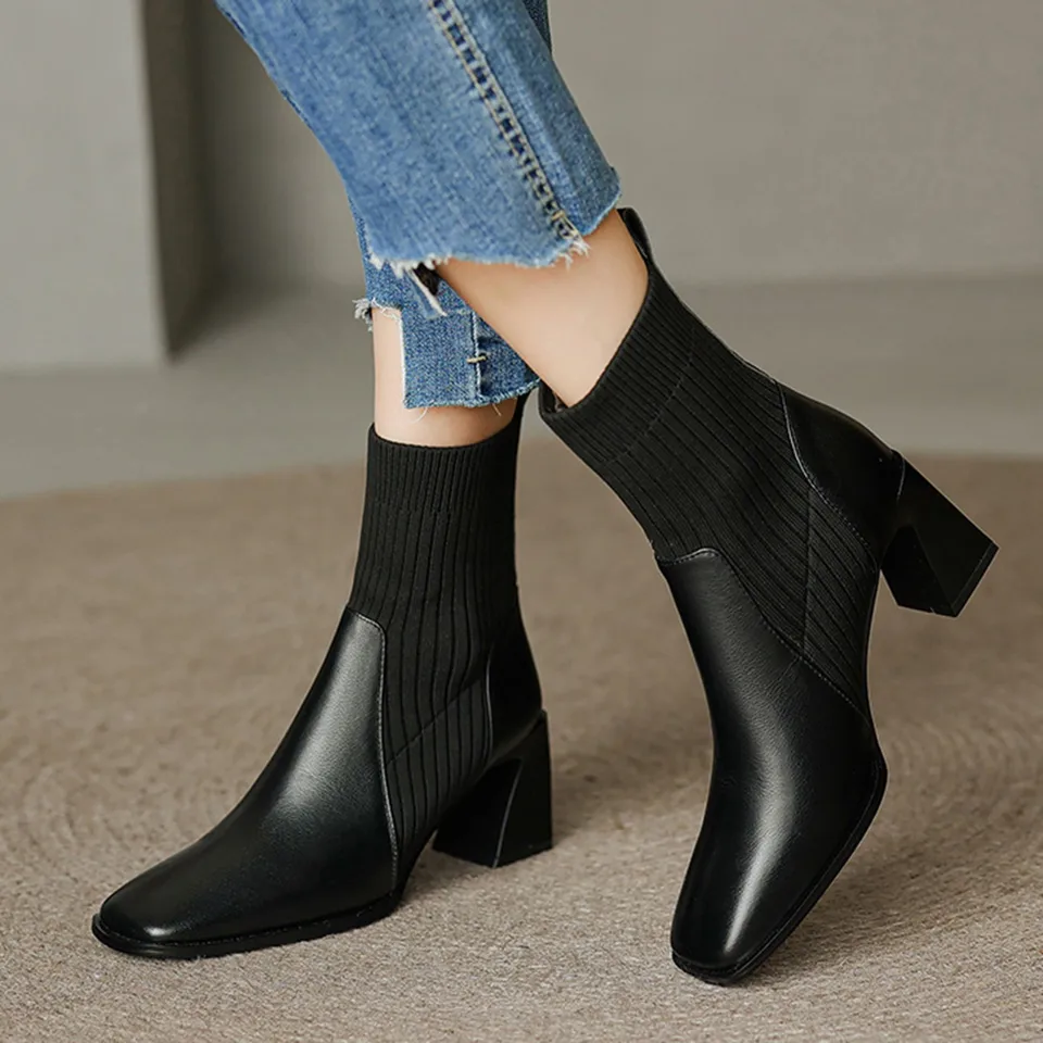 Topánky pre ženy členkové topánky Dámy francúzske vintage štvorcové hlavy High Chunky podpätky pletené členkové ponožky botas de invierno para mjer