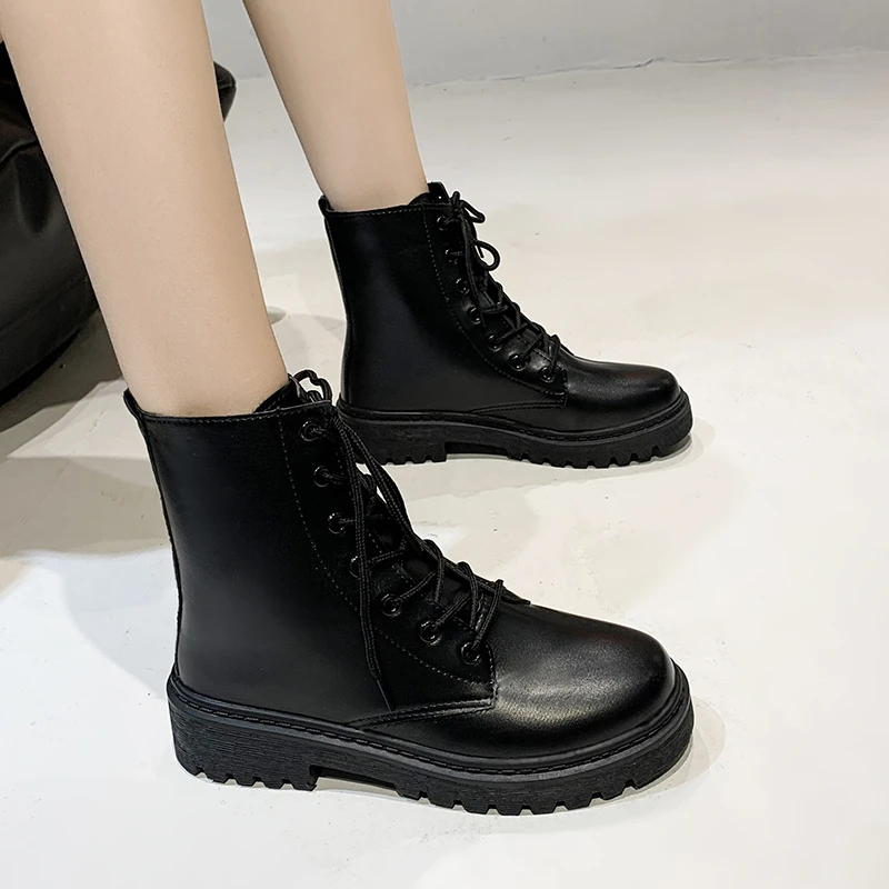 Topánky ženské 2023 módne členky Dámske topánky Platforma PU moderné topánky Ženy Round Toe Lace Up Fretwork päty topánky Ženy Zapatos