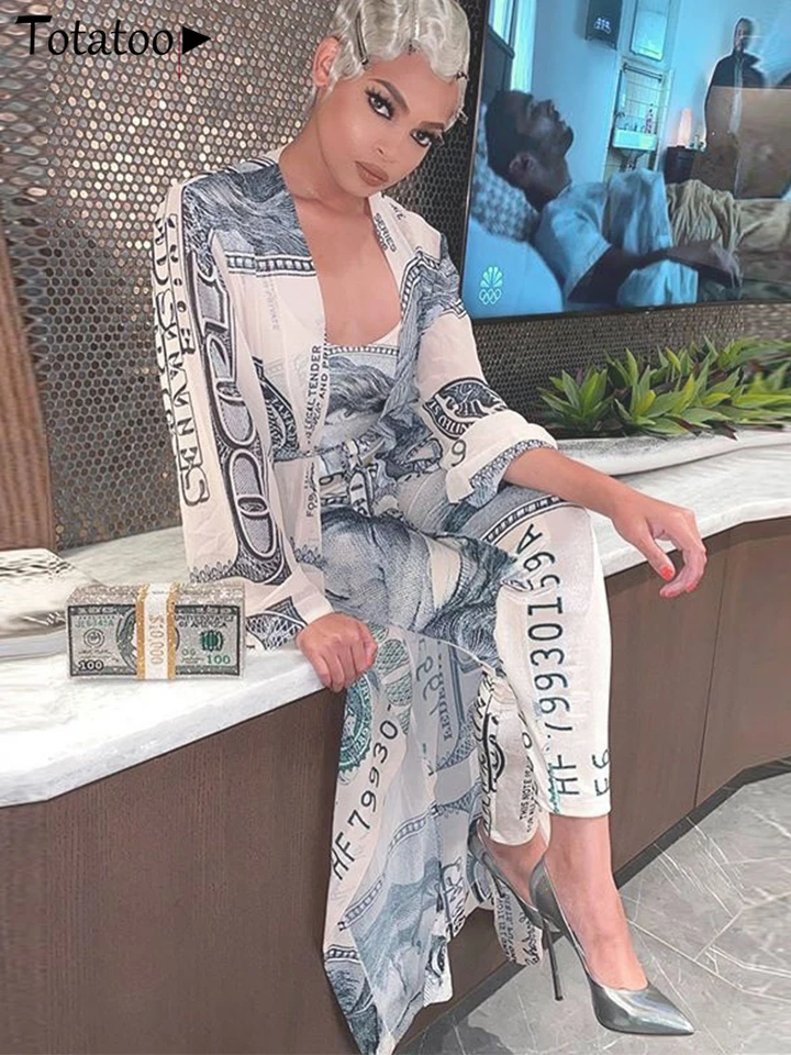 Totatop Money Print Party Wear Suit For Women 2024 2 -Piece Set Top a Maxi Cardigan Cover Up Up Beach Outfit Sets Tracksuit