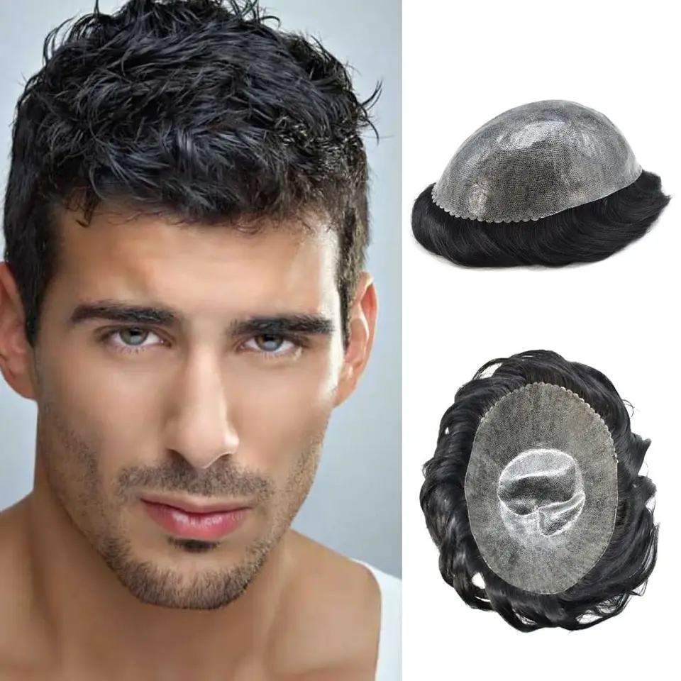 Toupee for Men Real Hair Piece 0,12 mm vstreknutá poly koža pu muži toupee ľudské vlasové parochne parochne jednotky Scallop Front Men Hair System