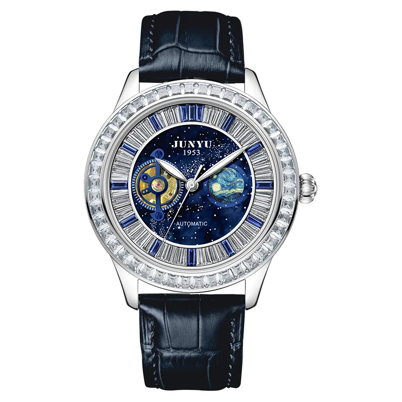 Tourbillon Diamond Watch for Men Svetlo vodotesné automatické mechanické hodinky kožené relogio