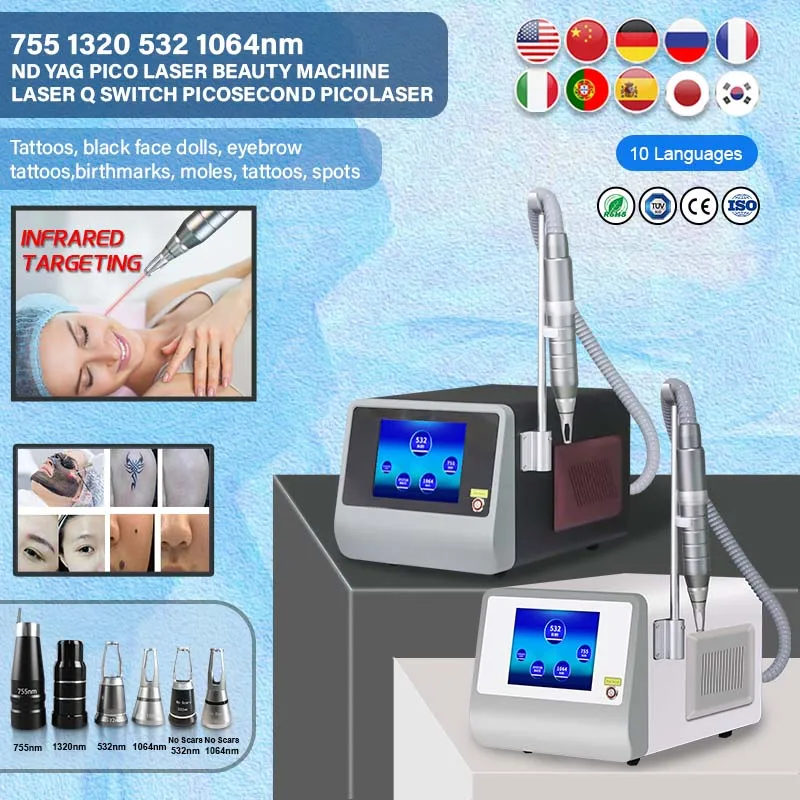 Továrenská cena 3500MJ Tattoo Odstráňte stroj Q-prepínač pikosekund laser pevný pigment 1320 1064 532 755nm