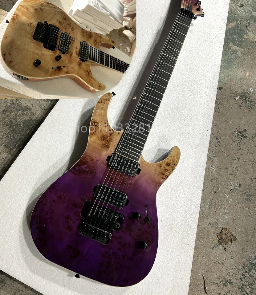 Továreň 7 struny elektrická gitara ebenový krk hmatateľného krku cez telo čierne hardwares uzamykacie tunery Prispôsobiteľné