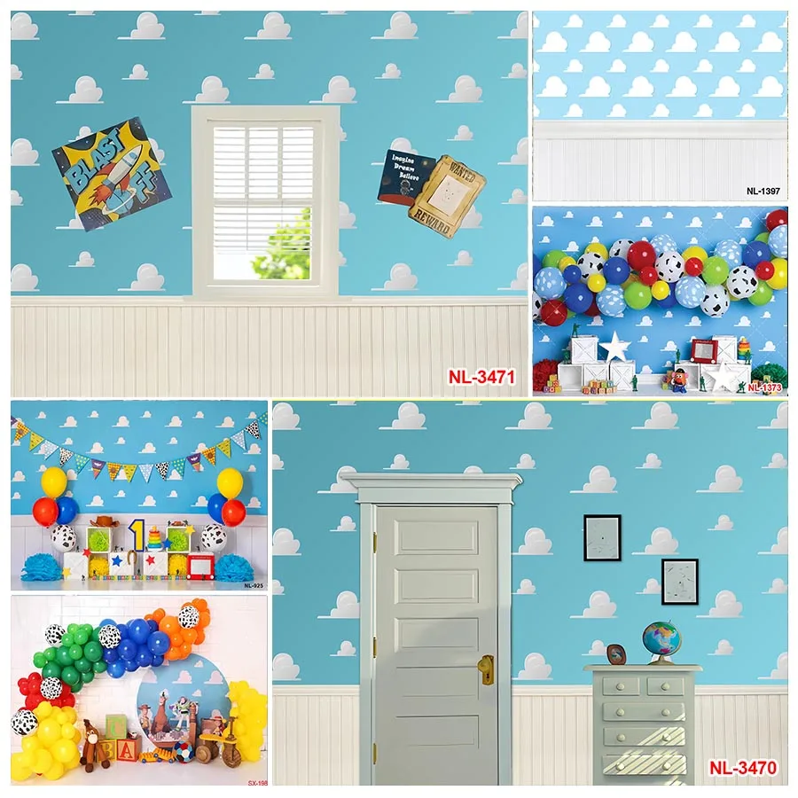 Toy Story Photography Kady pre deti pre deti chlapec narodeninové oslavy Dodávky dekorácie modrá obloha biele oblaky nástenné kreslené fotografie pozadie