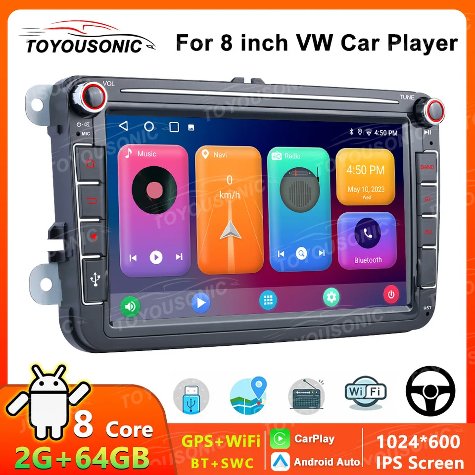 Toyousonic 8 palcový 2Din Android Car Radio Stereo pre VW Polo Golf Passat SkoDa Car Multimedia DVD Player GPS RDS DSP CarPlay