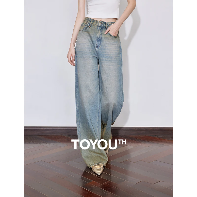 Toyouth Women Denim Jeans 2025 jar nová pustatská štýl stredný pás Straight Washed Wide Nohy dlhá nohavice