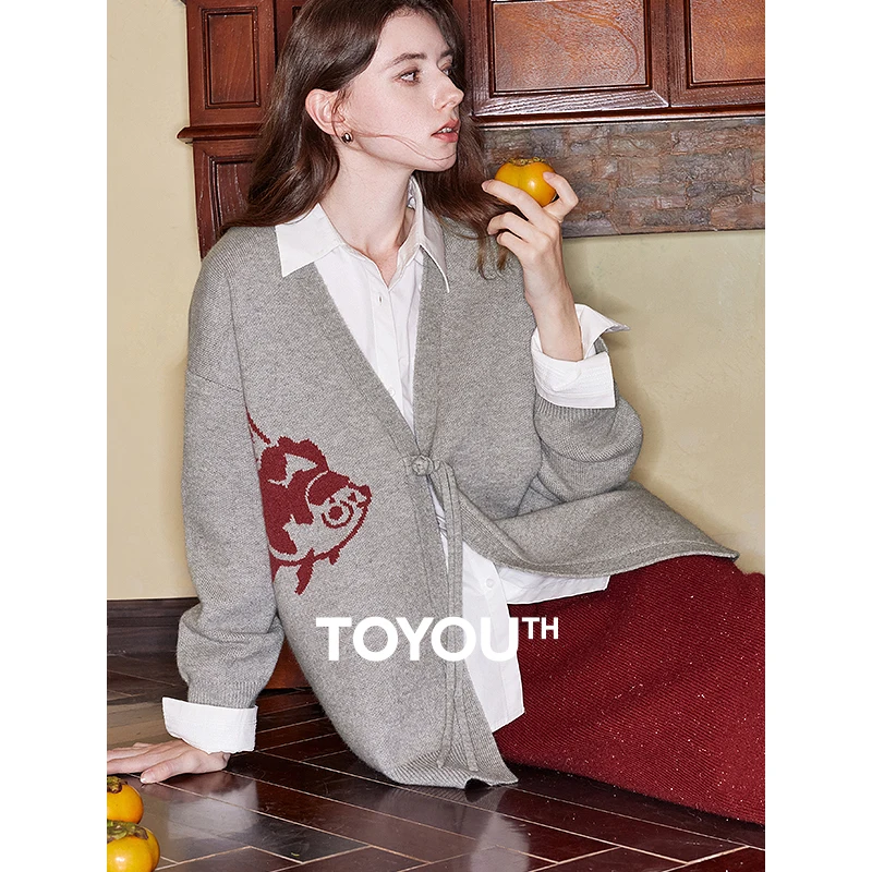Toyouth Women Wardigan Sweater 2024 Jeseň a zima Nový čínsky štýl Fish V-Neck Nadize Nadize Cittted Bunda