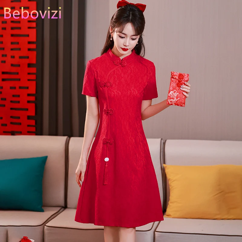 Tradičné čínske špičkové čipky národného štýlu vylepšené letné temperament Cheongsam Slim Red Qipao Svadobné šaty Nový rok CNY