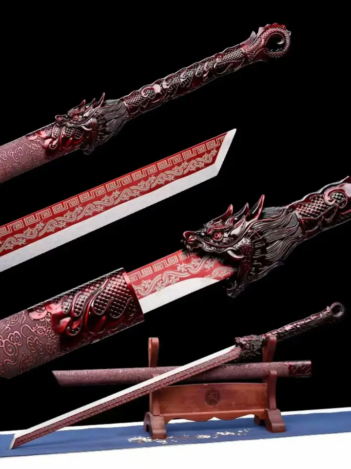 Tradičný čínsky bitkový meč Kungfu, krvný drak, skutočný multi -rafinovaný vysoký mangánový oceľový pečená čepeľ, kovová rukoväť, Unsharp