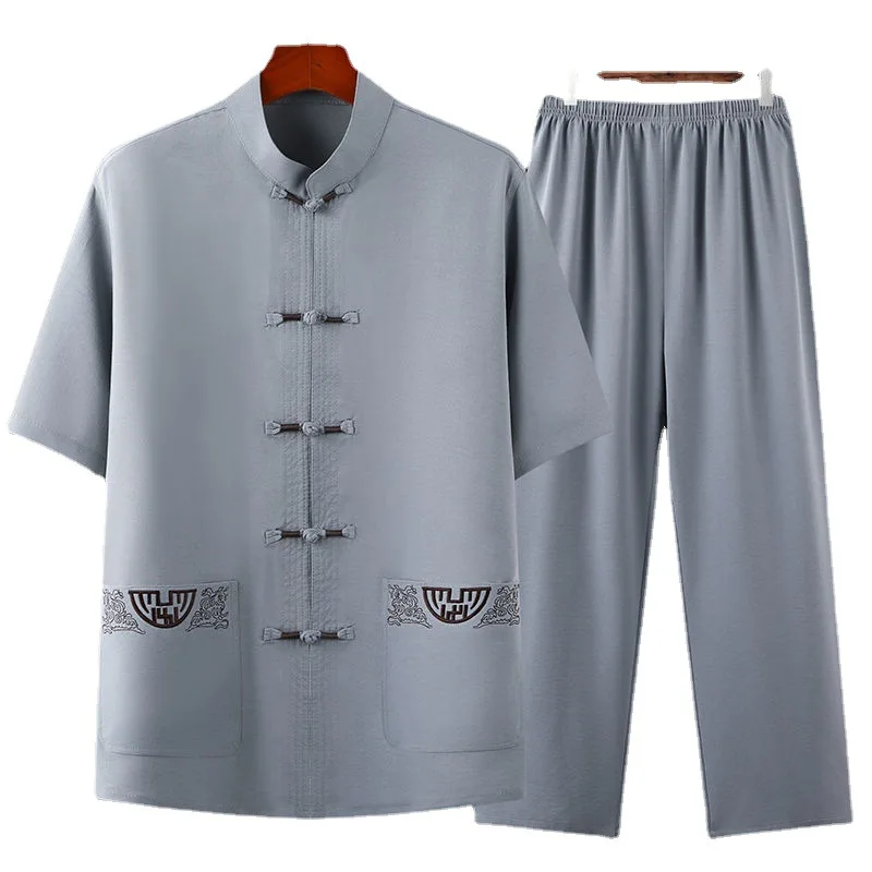 Tradičný čínsky štýl Tang Suit vyšívací vzor ručne vyrábaných gombíkov Hanfu Blúzka Men Kung Fu T tričká Tops tops bundy nohavice