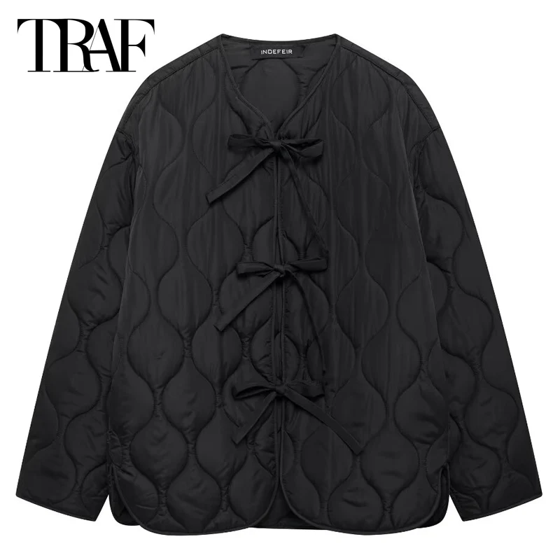 Traf Bow Crop Crop prešívaná bunda Dámska bunda Jeseň čierna o-krk Lace-up bunda s dlhým rukávom Coat Lightweight Warm Outerwears 2024