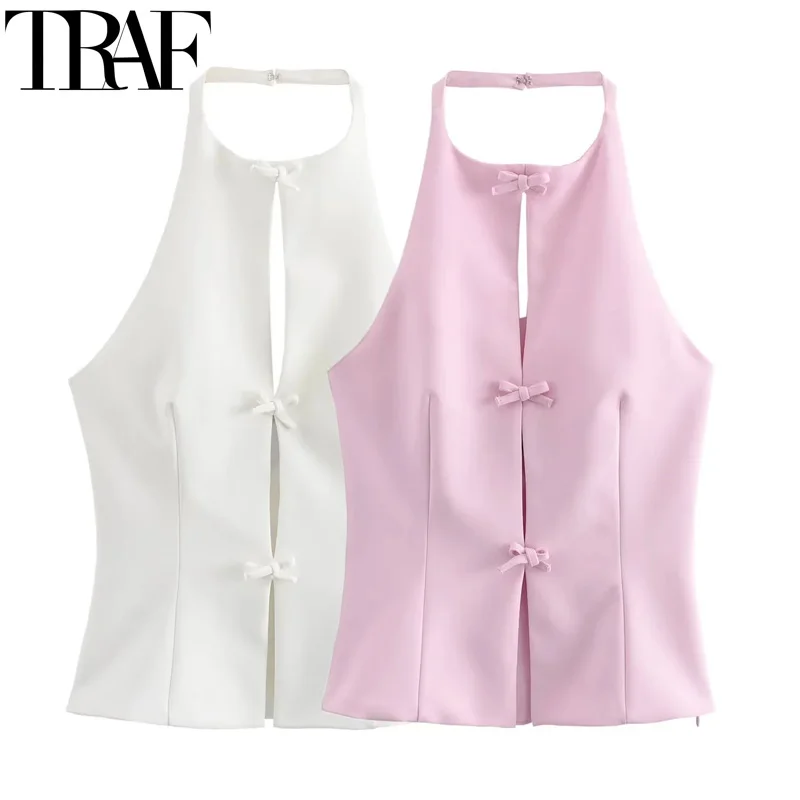 Traf Bow Halter Crop Top Woman vystrihnite backless White Top Monested letné leto mimo ramenného ružového top Party Sexy tank Tops pre ženy