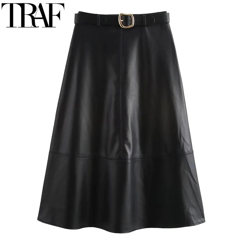 Traf dámske sukne faux kožená sukňa Ženy Jeseň Vysoký pás Čierny midi sukňový pás zimný štýlový dlhé sukne Elegantné sukne