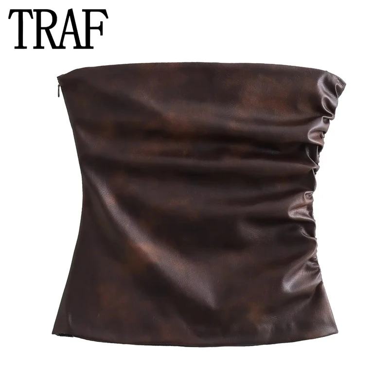 Traf faux kožená plodina top žena skladaná z ramien pre ženy pre ženy bez rukávov bez rukávnej bustier top žena sexy korzet topy
