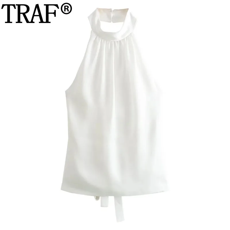 Traf Halter White Crop Top Women Off Ramey Satin Top Woman zviazaný backless sexy topy for women setewear ruched letný top top