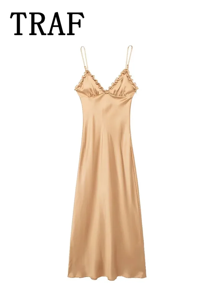 Traf Lace Decoration Dress Woman midi pyžama štýl sexy šaty ženy 2024 letné šaty rukávy Príležitostné šaty