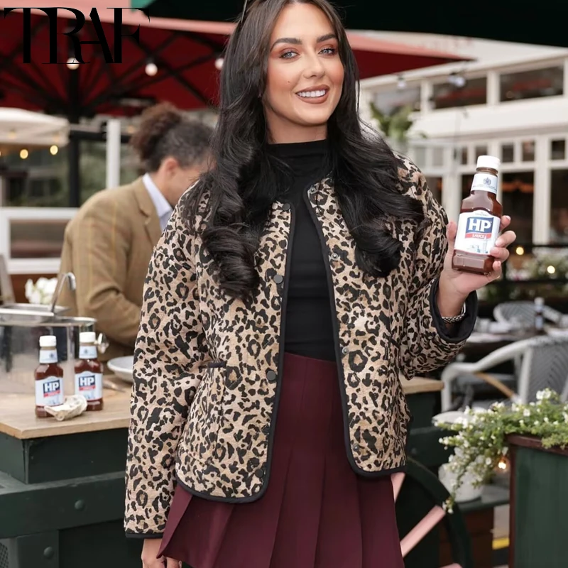 Traf leopardová bunda Žena Parkas Vintage zvieratá Print Dámska prešívaná bunda Jeseň s dlhým rukávom Čalúbá bunda Zimný kabát Žena