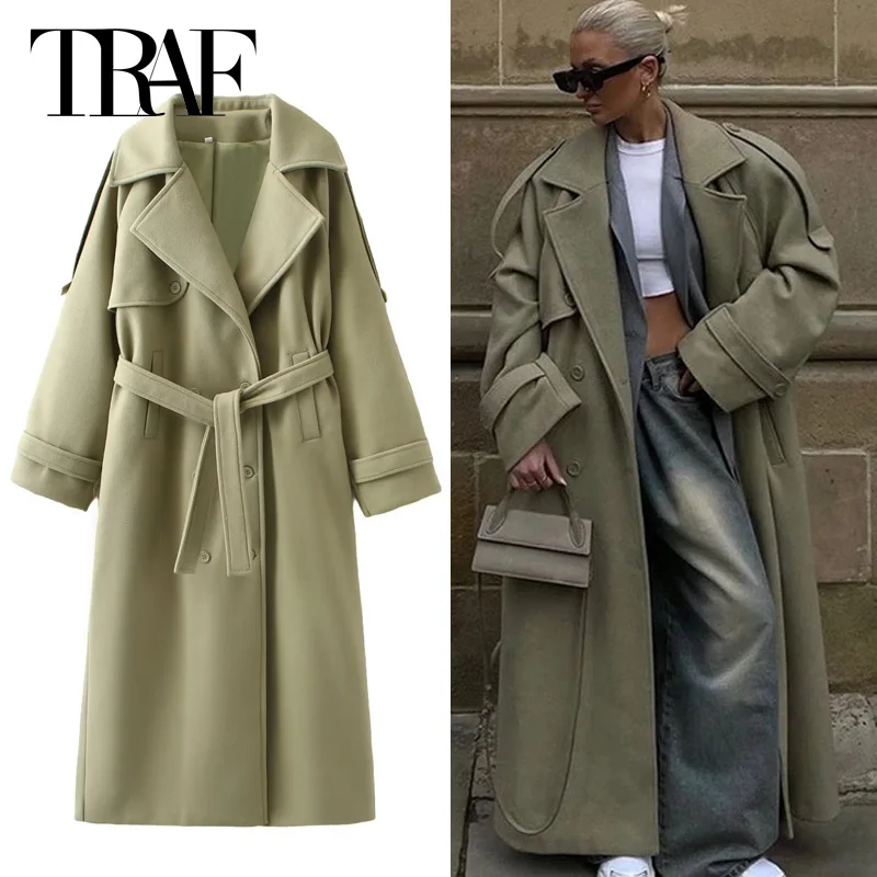 Traf Long Trench Coat Dámska teplá zimná bunda 2024 Jeseň s dlhým rukávom Módna elegantná veľká veľkosť veterných odevov Vonkajšie odevy