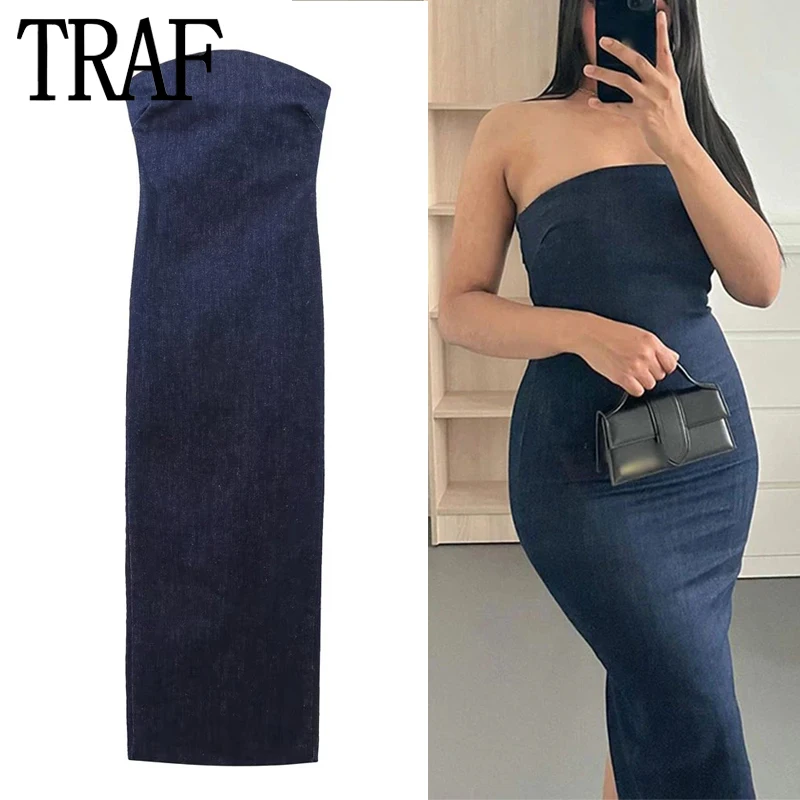 Traf mimo džínsové šaty Žena modrý korzet dlhé šaty Ženy midi Bodycon šaty pre ženy 2023 elegantné šaty na párty