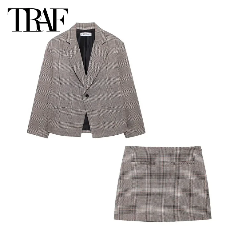 TRAF Plaid Suk s súprava pre ženy 2 kusy outfit 2024 Jeseň Veľká veľkosť sako vonkajšie odevy stredné pásové mini sukne elegantné kancelárske obleky