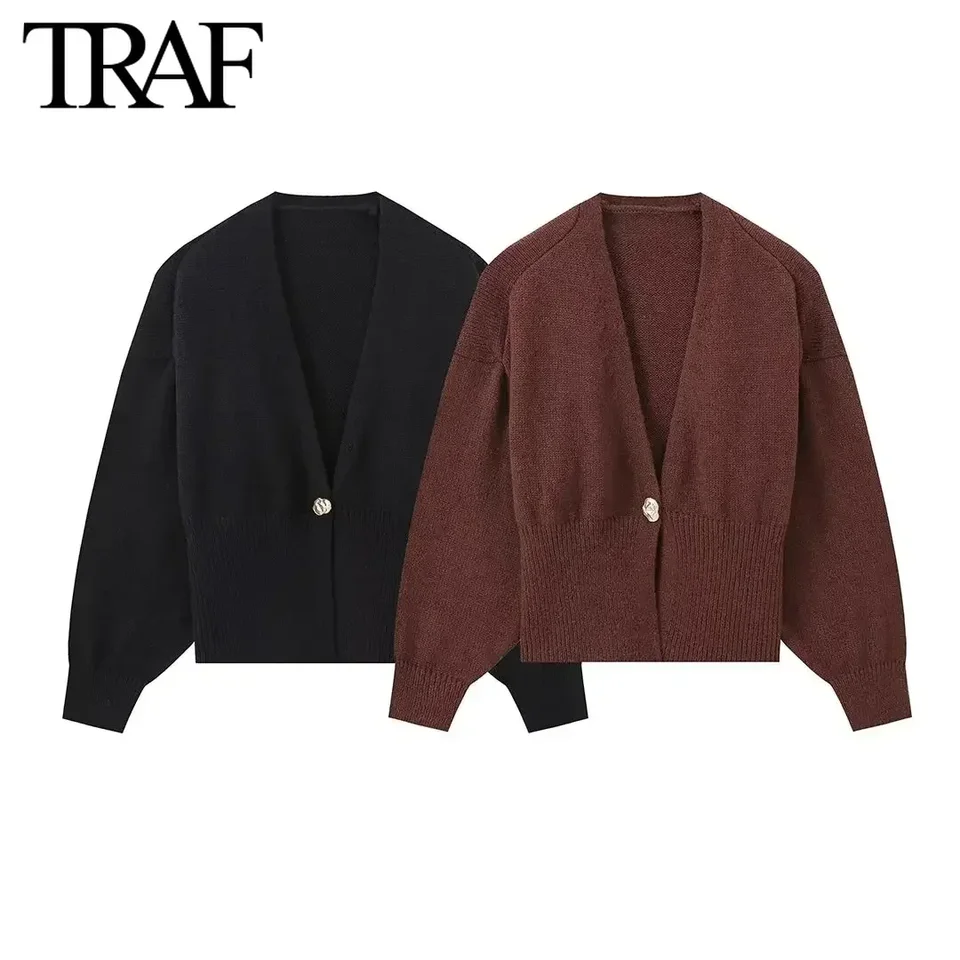 Traf pletené sveter pre ženy móda jesenná zimná zimná zima Nový single s jedinou sponou V-krk Sweater elegantné ženské pletené pláštenky