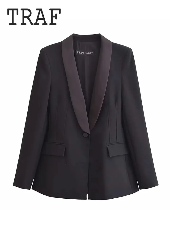 Traf Satin Blazer žena 2024 Jeseň Ženy Blazer Coat s dlhým rukávom Slim Fit Outouar Office Wear Women Fashion Blazers