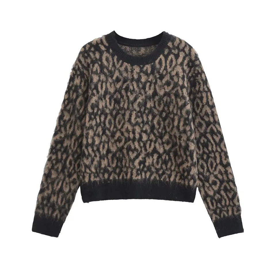 Traf Sweater Woman Autumn Winter Leopard Print okrúhly krk pletený sveter s nadmerne vysokým pleteným skokanom pletené