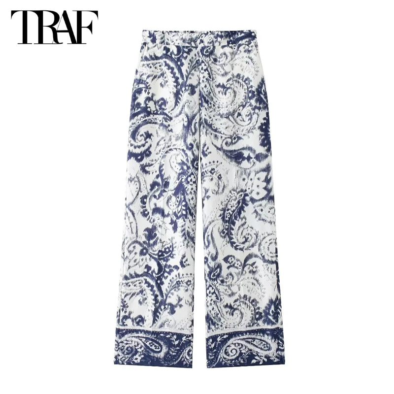 Traf tlač s rovnou nohou pre ženy boho saténové nohavice boho saténové nohavice ženské letné pásy ženské nohavice na streetwear nohavice