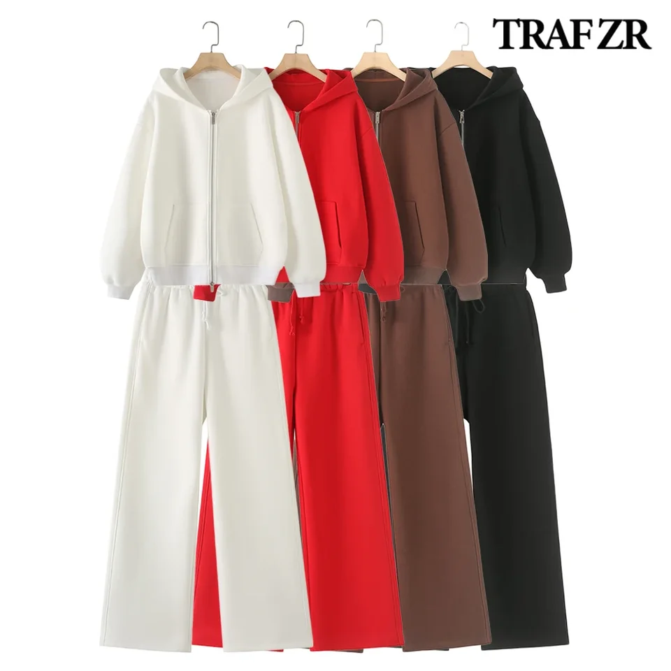 TRAF ZR 2024 Jeseň Basic 2 -Piece Sets Ženy plyšový nadrozmerný s kapucňou s kapucňou s rovnými nohami nohavice Ensemble femme 2 kusy