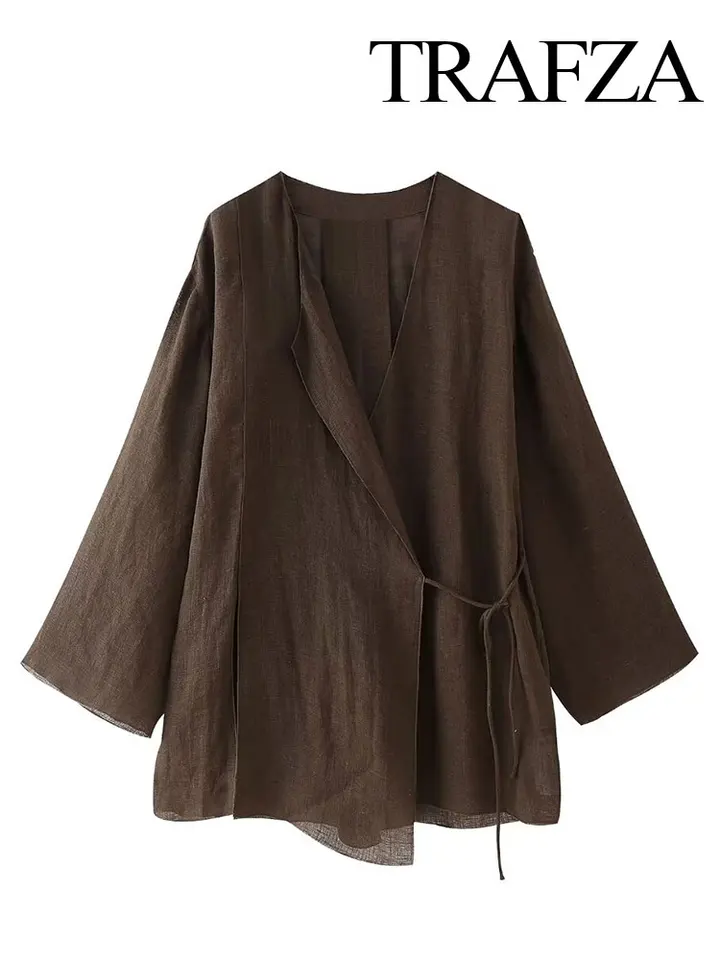 Trafza 2024 Spring blúzky pre ženy módne bielizeň hnedá voľná vesta Kimono Žena s šnurovaním vintage dámska košeľa top
