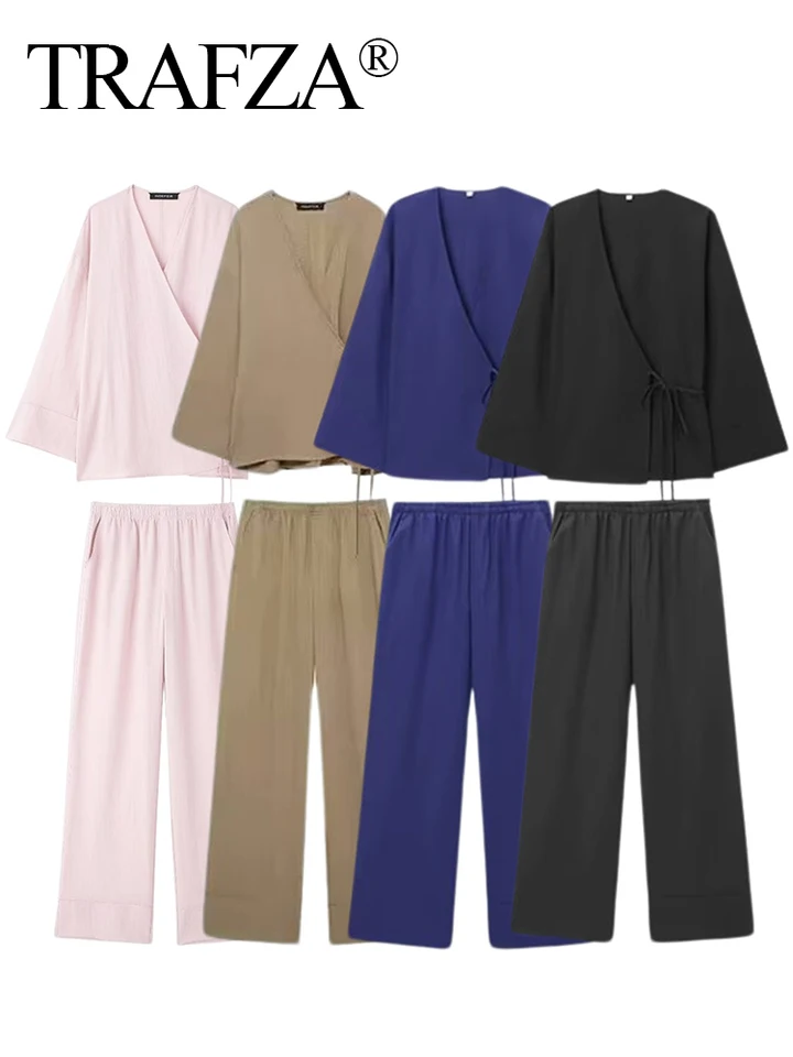 Trafza 2024 Ženy Elegantné textúrované nohavice v štýle pyžamu Sada módy Solid Lace Up Kimono Top Top+Elastic Wase Wild Pant Outfit