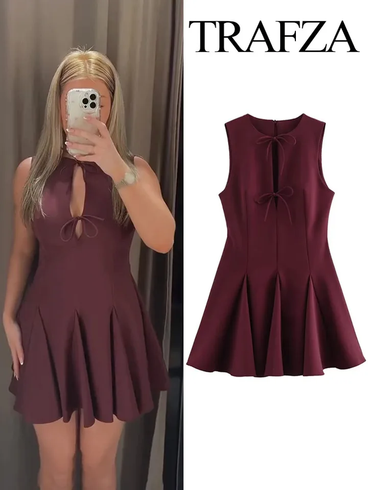 Trafza 2025 Trendy Wavy Wide Hem Bow zdobené mini šaty pre ženy pevné farebné okrúhle krk Elegantné šaty bez rukávov
