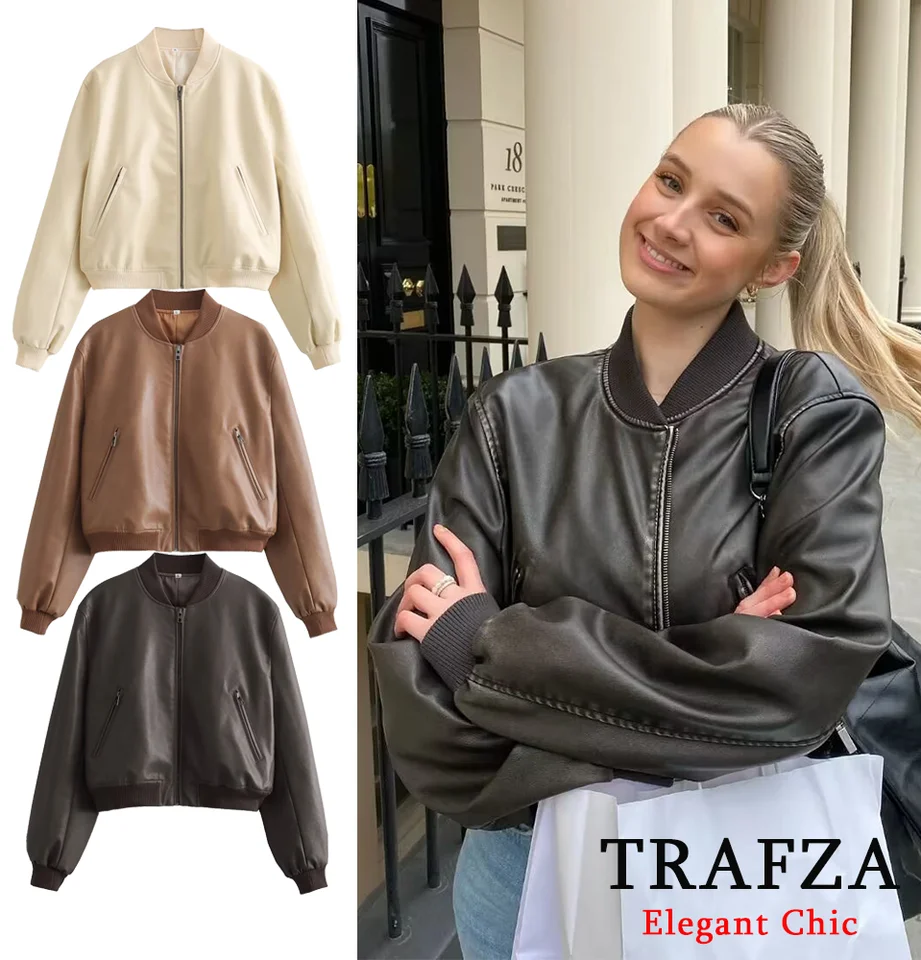 Trafza Classic Pu Leather Coat Coat Dámska zipsová bunda 2025 Spring Fall Módna všestranná bund