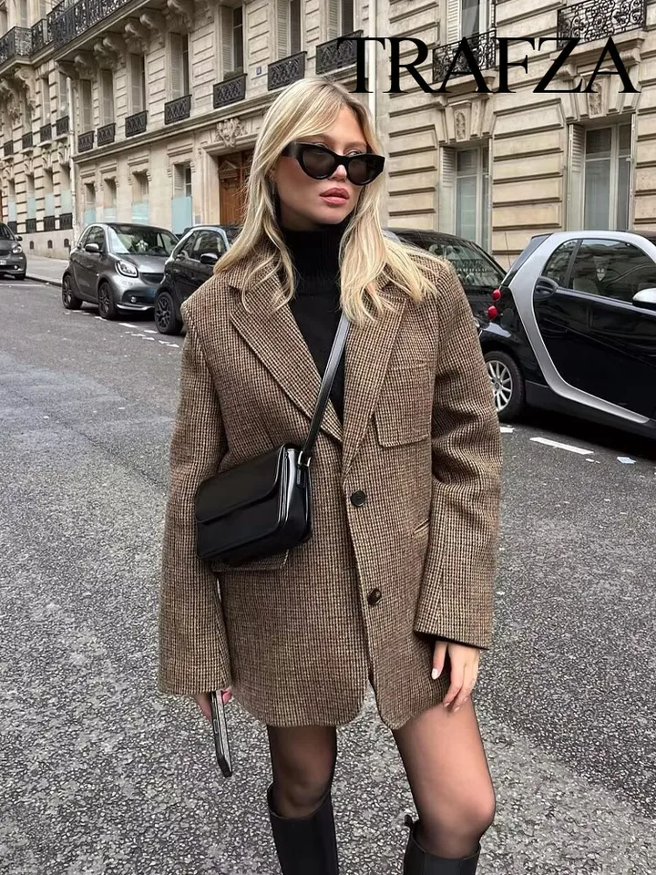 Trafza Dámska jesenná módna móda Slim Fit Blazer Retro Houndstooth vrecko V-krk zdobené dámske dámske dochádzajúce sako blazer Streetwear
