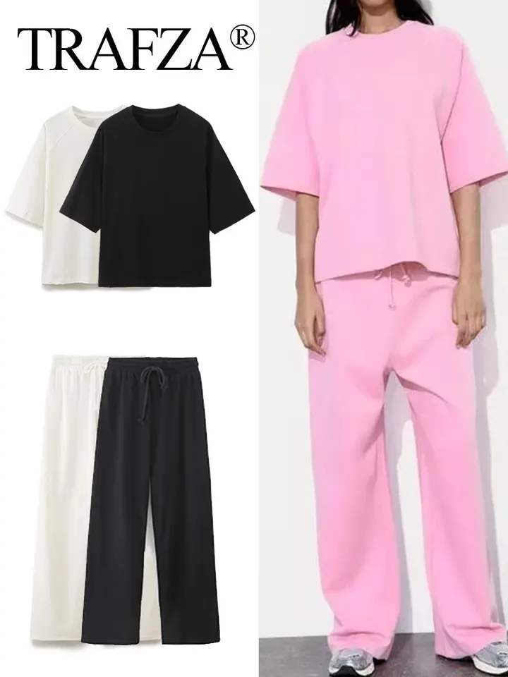 Trafza letné dámske dámske neformálne tričko nohavičky Elegantné ružové o krk Tričko s krátkym rukávom + šnúrka voľných nohavíc športový oblek