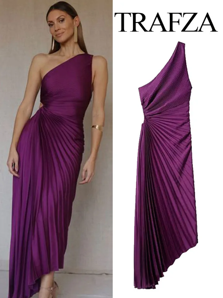 Trafza móda elegantná žena Jedno rameno nahnevané štíhle dlhé šaty Ženy leto sexy pás dutina vonku bez rukávov bez rukávov