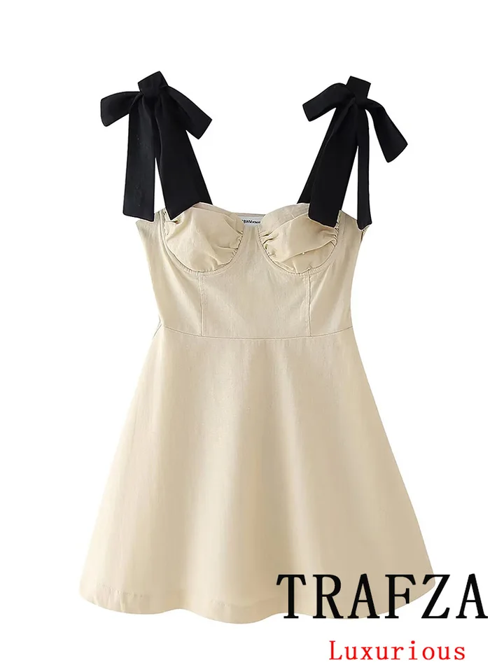 Trafza Vintage Casual Chic Dámske šaty Patchwork špagety popruh zipsové záhyby krátke Vestidos Fashion 2024 SUMER HOABSION Dress