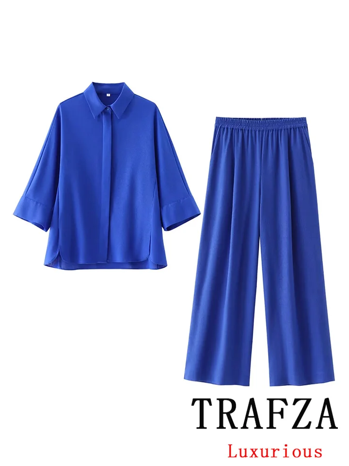 Trafza Vintage Casy Solid Women Suit Single Breast-Down-Down Blúzka blúzka voľné rovné nohavice nové módy 2024 letné súpravy