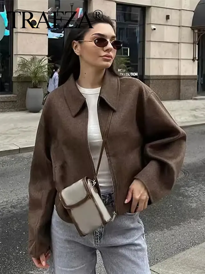Trafza vintage žena Solid bunda klopa s dlhými rukávmi zips 2025 Zimná dáma elegantná dámska nová v kabátovej streetwear vonkajší kabát
