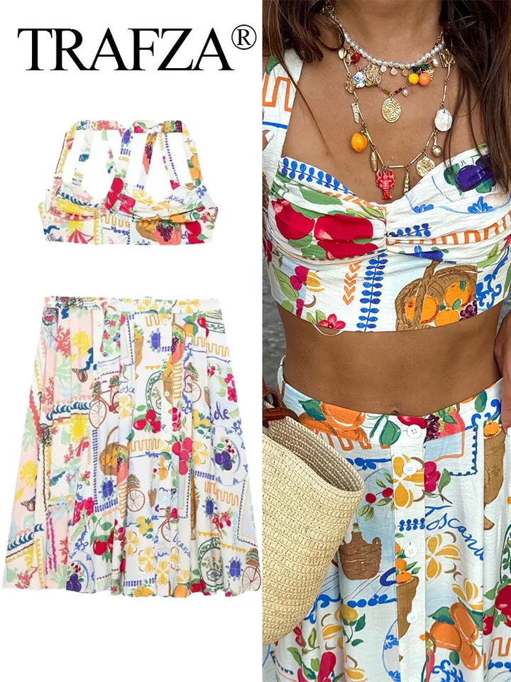 Trafza Women 2 -Pety Set Sexy bez rukávov bez rukávov tlačidlá Mini Sling Top+Elegantné vysoké pásové tlačidlá pláž Midi sukňa