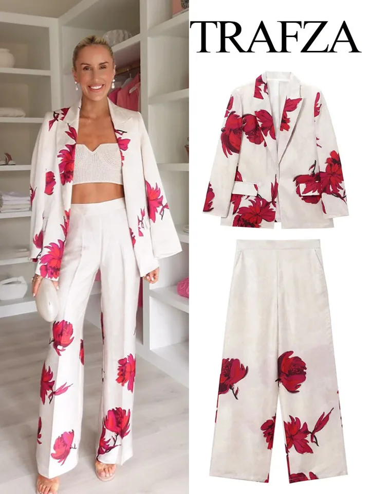 Trafza Women 2 -Piece Set Elegantné tlačové klopy dlhé rukávy Falošné vrecko Ozdobia sako vrchol+štíhle voľné bočné zipsové nohavice na nohy