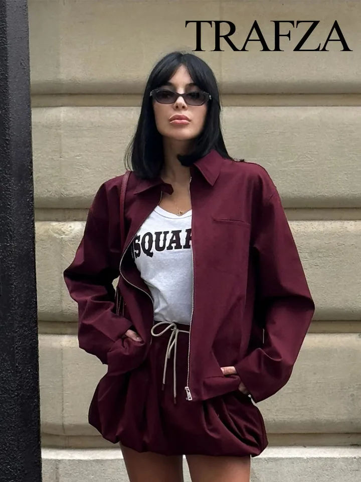 Trafza Women Autumn Módne vyhovuje víno červený obojok s dlhými rukávmi vrecká na zips+sukňový sukňu s vysokým pásom