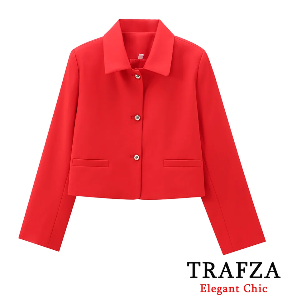 Trafza-women módne krátke bundy klopné tlačidlá Červená bunda Nová 2025 Spring Autumn Street Outwear Elegant Bunda