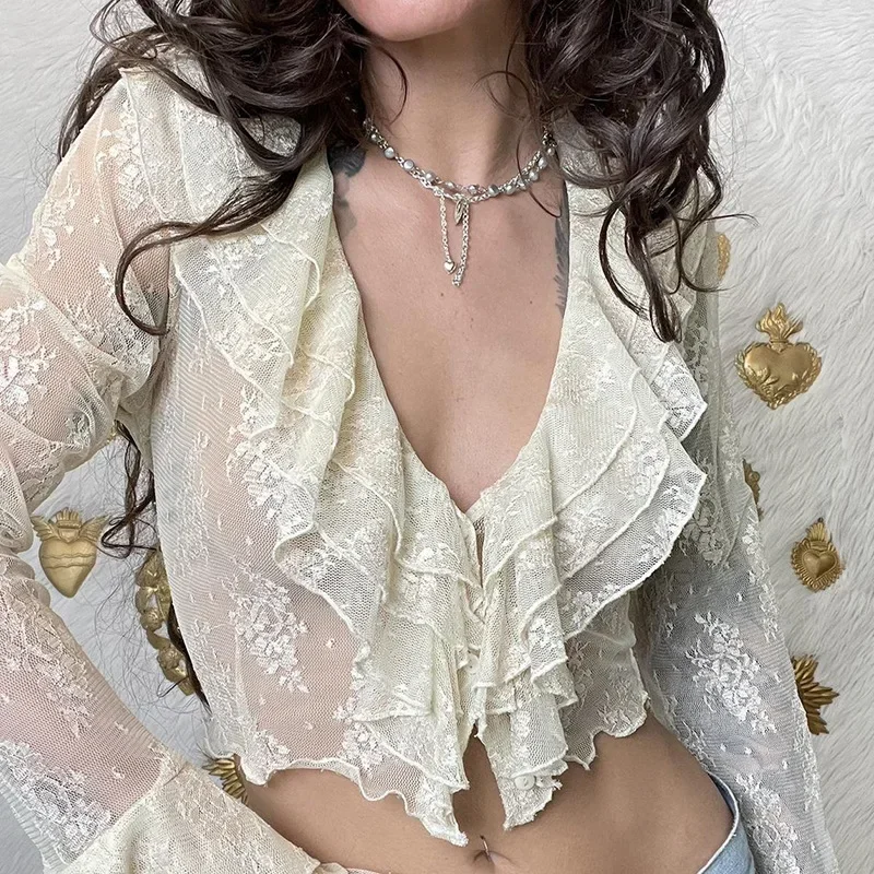 Transparentná šifónová blúzka Ženy Vintage čipky Crop Cardigan dlhý rukáv Sexy v Veck košele estetické kórejské móda